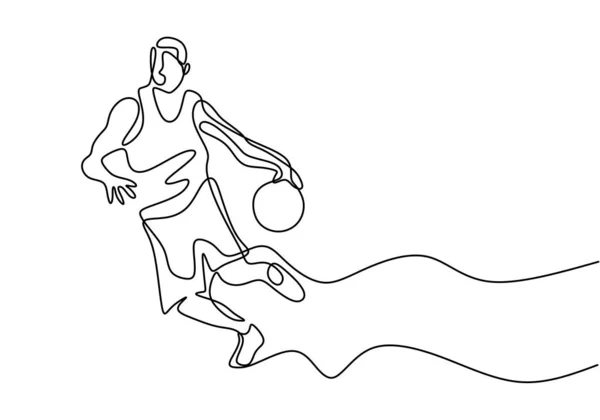 Eine Linienzeichnung eines Basketballspielers, der während des Spiels einen Ball dribbelt. Vektor Sport Thema Illustration Minimalismus Design isoliert auf weißem Hintergrund. — Stockvektor