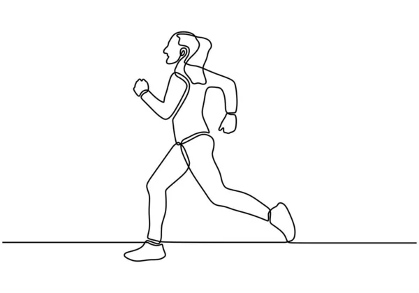 Dibujo continuo de una línea de la mujer corriendo durante el ejercicio deportivo — Vector de stock