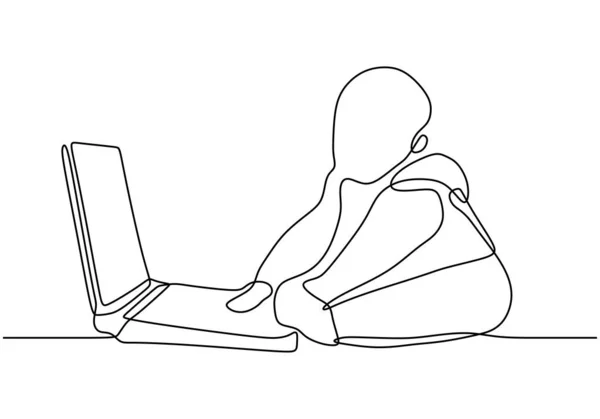 Непрерывный рисование одной линии ребенок играет ноутбук — стоковый вектор