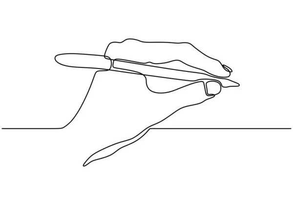 Dibujo continuo de una línea de escritura manual sosteniendo un bolígrafo de tinta o un lápiz. Minimalismo diseño vector aislado sobre fondo blanco . — Vector de stock