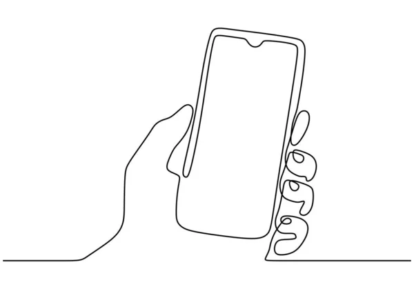 Непрерывная одна линия рисует сотовый телефон в его векторе руки. Объект мобильной связи или смартфон минималистская иллюстрация дизайна с простым дизайном . — стоковый вектор