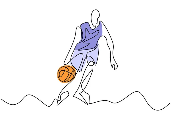 Dibujo continuo de línea del jugador de baloncesto. Persona jugando cesta juego deporte vector ilustración minimalismo — Vector de stock