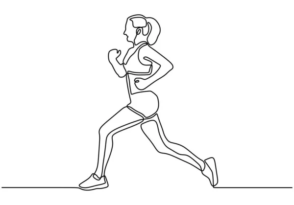 Dibujo continuo de una línea de la mujer corriendo durante el ejercicio deportivo — Vector de stock