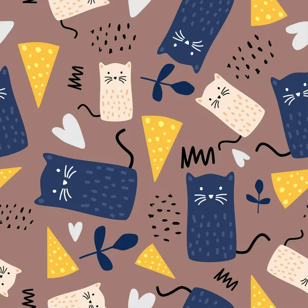 Cute cats seamless pattern. Funny animal trendy. Vector illustration hand drawn childish drawing scandinavian style for fashion textile print. — ストックベクタ