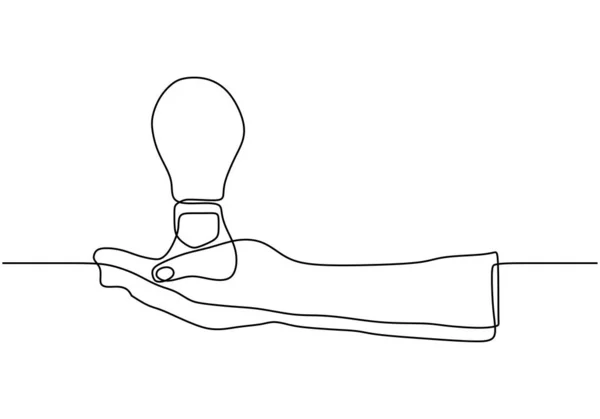 Folyamatos egy vonal rajz a kéz a villanykörte lámpa szimbólum ötlet — Stock Vector