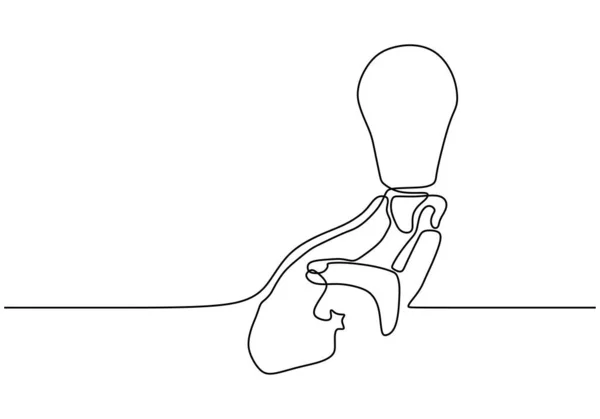 Continuous one line drawing of hand with light bulb lamp symbol of idea — ストックベクタ