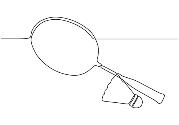 Continu een lijn tekening van badminton spel tools. Racket, en haan objecten vector minimalisme ontwerp voor sport thema ontwerp. — Stockvector