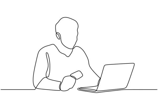 Continuous one line drawing of man holding business card and looking at laptop computer. Concept of online shopping. — ストックベクタ