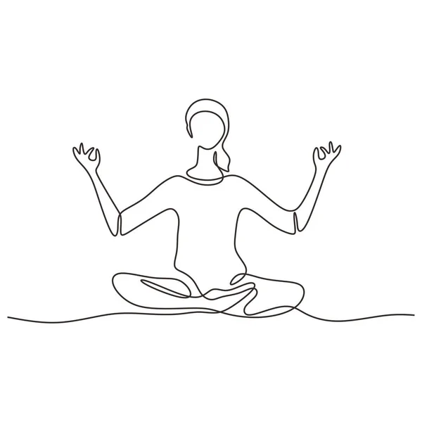 Desenho contínuo de uma linha de namaste menina de ioga. Mulher fazendo meditação com sentado e relaxamento. Vetor ilustração minimalismo esporte tema design . —  Vetores de Stock