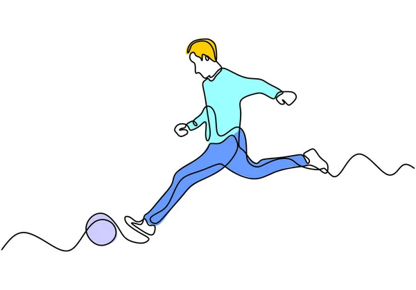 Kontinuierliche Linienzeichnung des Fußballers. Vektor handgezeichnet skizzieren eine lineare Einfachheit und Minimalismus Stil des Sports Thema. Menschen, die Spiel auf dem Spiel. — Stockvektor