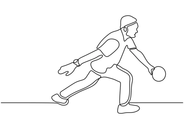 Persona lanzando una bola de bolos para hacer un golpe continuo de una línea de dibujo. Vector deporte jugador del juego . — Archivo Imágenes Vectoriales