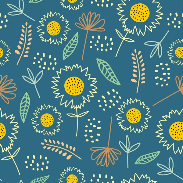 Seamless pattern with creative decorative flowers in scandinavian style. Botanical repeated floral drawing. Great for fabric, textile. Vector background — ストックベクタ