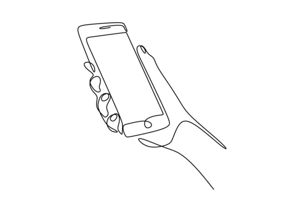 Continu een lijn tekening van de hand holding telefoon of smartphone. Vector illustratie minimalisme ontwerp slimme mobiele technologie thema. — Stockvector