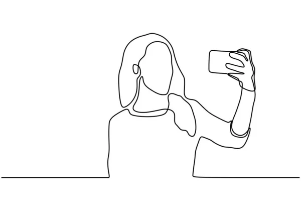 Συνεχές σχέδιο μιας γραμμής του φορέα κορίτσι selfie. Γυναίκα ή πρόσωπο που παίρνει μια φωτογραφία με το smartphone ή το κινητό της τηλέφωνο. Μινιμαλιστική σχεδίαση εικονογράφηση στυλ μινιμαλισμού απομονωμένη σε λευκό φόντο. — Διανυσματικό Αρχείο