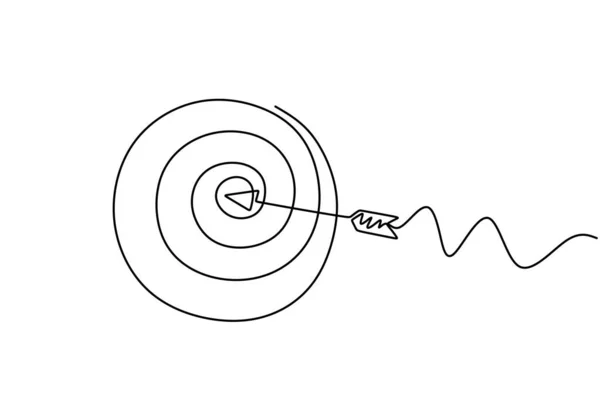 Continuous line drawing of arrow in center of target. One hand drawn goal object of archery business challenge metaphor. Vector illustration hunting and winner theme. — ストックベクタ