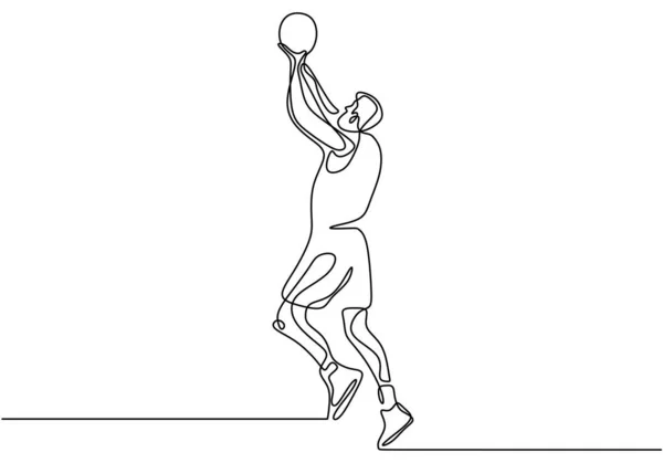 Kontinuerlig en linje ritning basketspelare sköt en boll. Person idrottsman gör smäll dunk under sport spel. Vektorns illustrationsminimalism. — Stock vektor