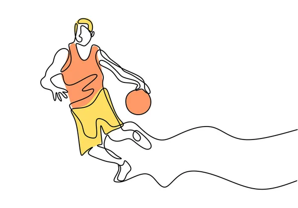 Basketballspieler dribbelt einen Ball eine durchgehende Linienziehung. Vektor Minimalismus Design. — Stockvektor