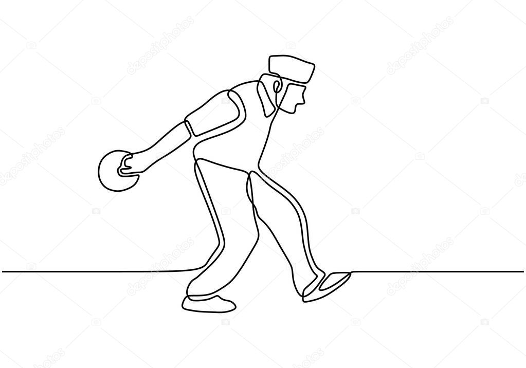 Person throwing a bowling ball to make a strike continuous one line drawing. Vector sport game player.