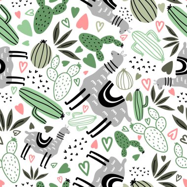 Kaktüs dikişsiz desenli, elle çizilmiş çiçek sulu bitkiler arka planda. Vektör İskandinav tarzı çocuksu. Bebek ve çocuklar için sevimli bir lama hayvanı Tekstil baskısı.