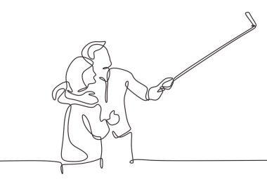 Selfie çeken çiftin sürekli bir çizimi. Kızla romantik anlar yakalamak için elinde sopa ve kameralı akıllı telefon tutan bir adam..