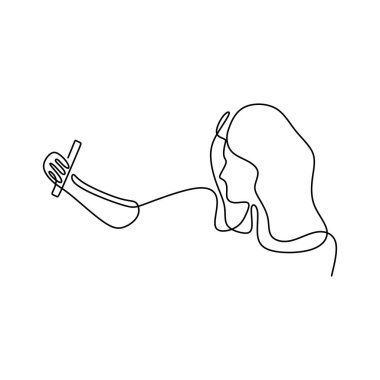 Kız selfie 'sinin bir çizimi. Kameralı cep telefonu ya da akıllı telefonuyla fotoğraf çeken bir kadın. Gadget teknolojisi tema tasarımı minimalizmi.