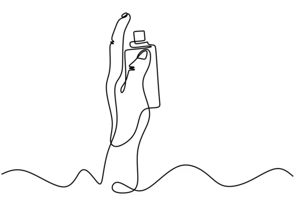 Безперервний однорядковий малюнок парфумерної пляшки. Рука пальцем штовхає ароматичні парфуми рідким спреєм. Векторний стиль мінімалізму . — стоковий вектор