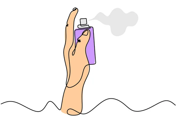 Kontinuerlig en linje ritning av hand sprutning parfym doft från flaskan. Minimalistisk vektor isolerad på vit bakgrund. — Stock vektor