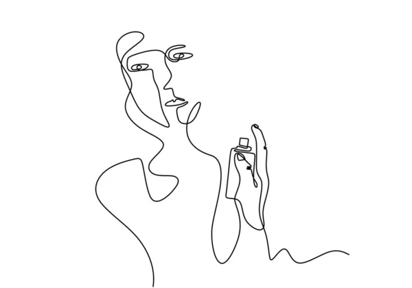 Kontinuerlig teckning av kvinna och parfym. Minimalistisk vektor isolerad på vit bakgrund. — Stock vektor