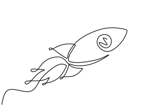 Rysowanie jednej linii rakiety. Koncepcja statku kosmicznego wektor stylu minimalizmu. Pojedynczy szkic. — Wektor stockowy