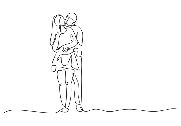 Kontinuerlig en linje ritning av par i romantiskt ögonblick och situation. Man och flicka kramas och dela kärlek tillsammans. — Stock vektor