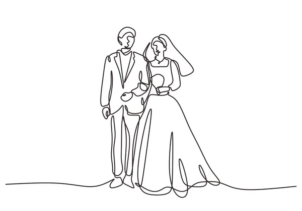 Desenho contínuo de uma linha do par de casamento. Homem e mulher de pé com vestido e vestido . —  Vetores de Stock