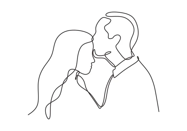 Dibujo continuo de una línea de pareja enamorada. Hombre beso a una chica o mujer en situación romántica. Diseño de minimalismo vectorial . — Vector de stock