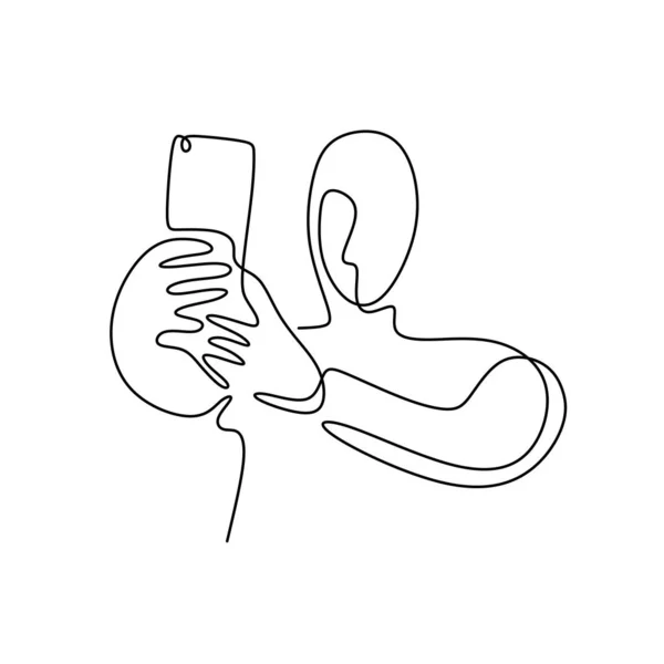 Selfie di persona un disegno di linea. Uomo scattare una foto con smartphone o fotocamera del telefono cellulare. Concetto di narcisista e design tecnologico . — Vettoriale Stock