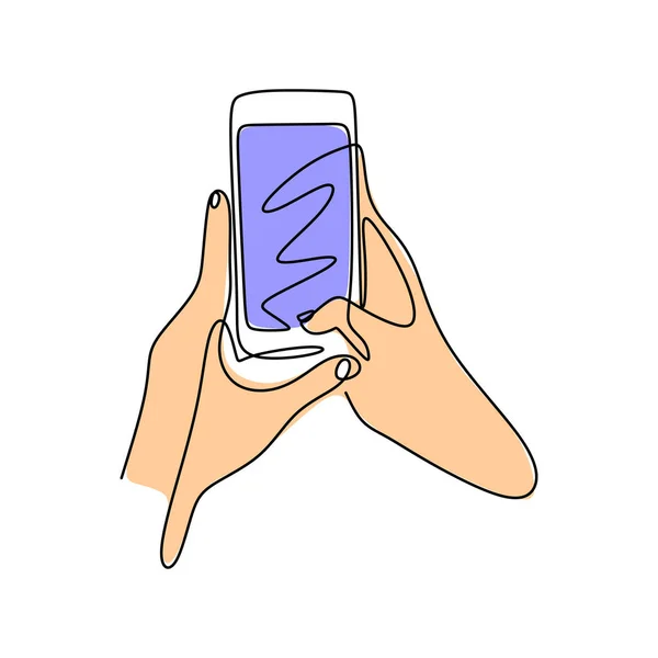 Mano celebración de teléfono inteligente Una línea de dibujo estilo continuo. Minimalismo diseño del teléfono celular vector ilustración simplicidad ilustraciones . — Vector de stock