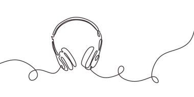 Kulaklık hoparlörü cihazının bir satır çizimi beyaz arka planda izole edilmiş sürekli çizgi tasarımı. Şarkı dinlemek ve çalma listesi için müzik ögesi.