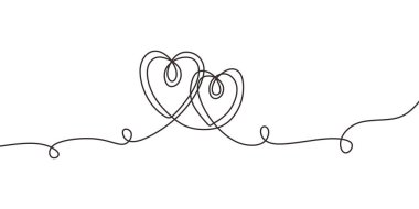 Love heart one line drawing. Two hearts symbol embrace with continuous hand drawn sketch minimalism design. Simplicity sign and symbols.