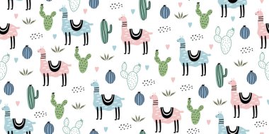 Cute Seamless pattern with llama, cactus and hand drawn elements. Creative childish hand drawn scandinavian texture. Great for fabric, textile Vector Illustration.