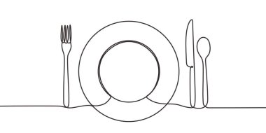 Continuous one line drawing of plate, knife, spoon, and fork. Concept of food theme. Minimalism design symbol and sign.