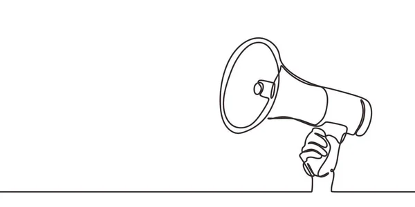 Continuous one line drawing of horn speaker hold by hand sign and symbol for announcement and employee hiring. Good for banner and advertisement. — Stok Vektör