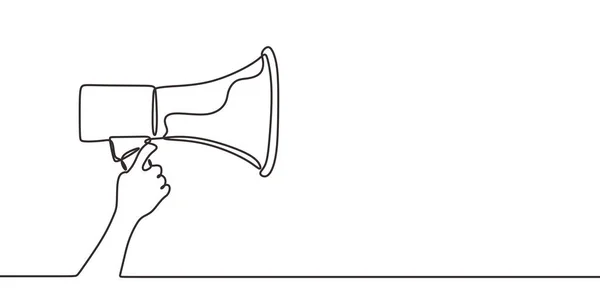 Continuous one line drawing of horn speaker hold by hand sign and symbol for announcement and employee hiring. Good for banner and advertisement. — Stock vektor