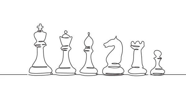 棋子的连续单行绘图. 一组国王、王后、菜鸟、主教、骑士和典当。 简约主义设计商业隐喻主题. — 图库矢量图片