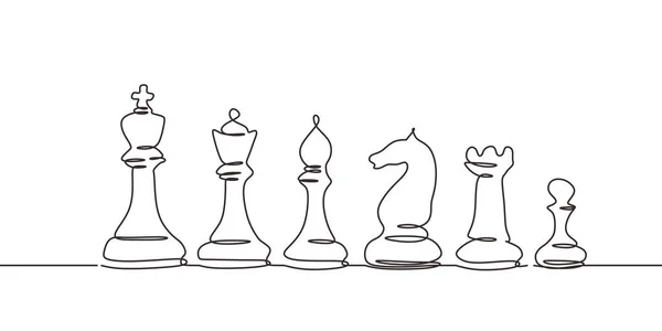 Dessin continu d'une ligne de pièces d'échecs. Ensemble de roi, reine, coqs, évêques, chevaliers et pion. Minimalisme design business métaphore thème . — Image vectorielle