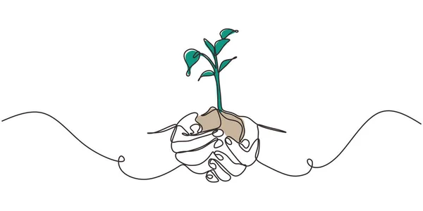 Nepřetržitý jednořádkový nákres rostliny v ruce. Ruce držící znak přírody a symbol vektorové ilustrace. Minimalismus design a jednoduchost skica ručně kreslené. — Stockový vektor
