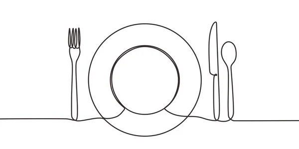 Dessin continu d'une ligne de plaque, couteau, cuillère et fourchette. Concept de thème alimentaire. Symbole et signe de minimalisme . — Image vectorielle