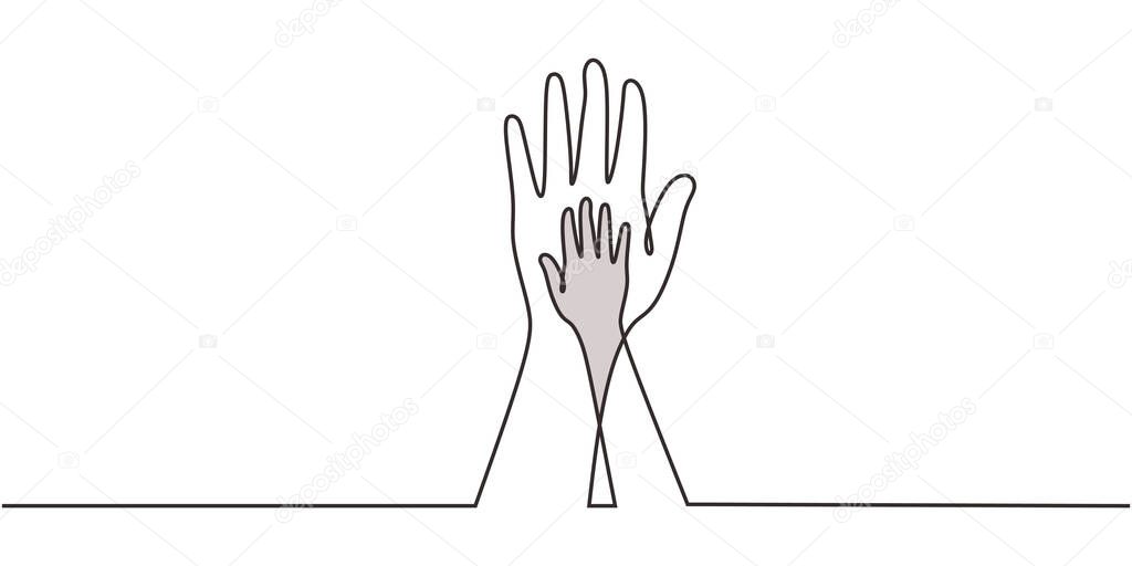 Stop Racism symbol with hand. One continuous line drawing metaphor. Concept of different background culture, gender, and skin color. Vector illustration Unity care sign minimalism design.