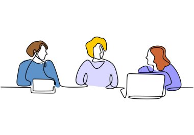 Dizüstü bilgisayarı olan üç kadınla yapılan iş görüşmesinin sürekli çizimi..