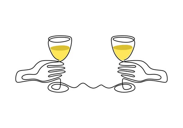 Continu een lijn tekening van Handen juichen met een glas wijn. Symbool van feest eten en drinken thema. — Stockvector