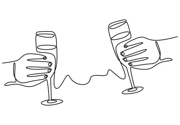 Ununterbrochene Zeilenzeichnung der Hände, die mit Weingläsern jubeln. Symbol der Feier Essen und Trinken Thema. — Stockvektor