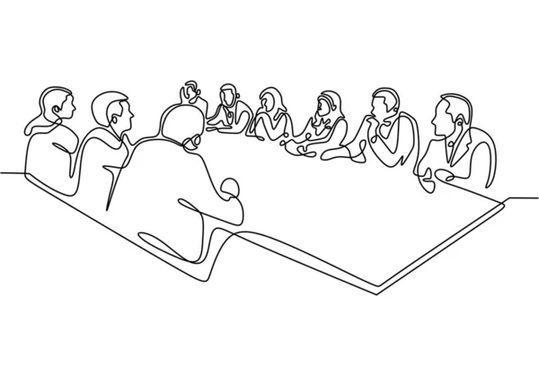 사무직 근로자들 이 비즈니스 미팅 벡터에서 한 줄로 계속 그린 그림. 큰 테이블을 가지고 일하는 사람들을 팀이나 그룹으로 묘사하는 그림. — 스톡 벡터