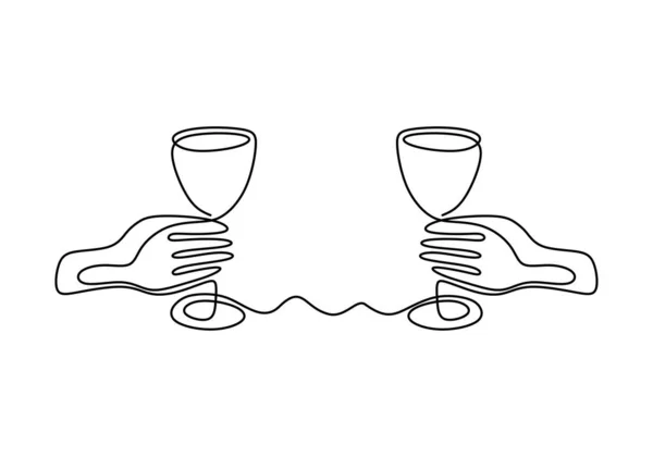 Nepřetržitý jednořádkový výkres rukou jásajících sklenicemi šampaňského nebo vína — Stockový vektor